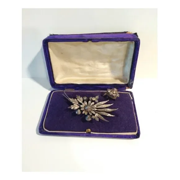 Victorian Antique Austrian Branch Brooch Ring Set Rose Cut Diamond Silver Leaf - Picture 10 of 16